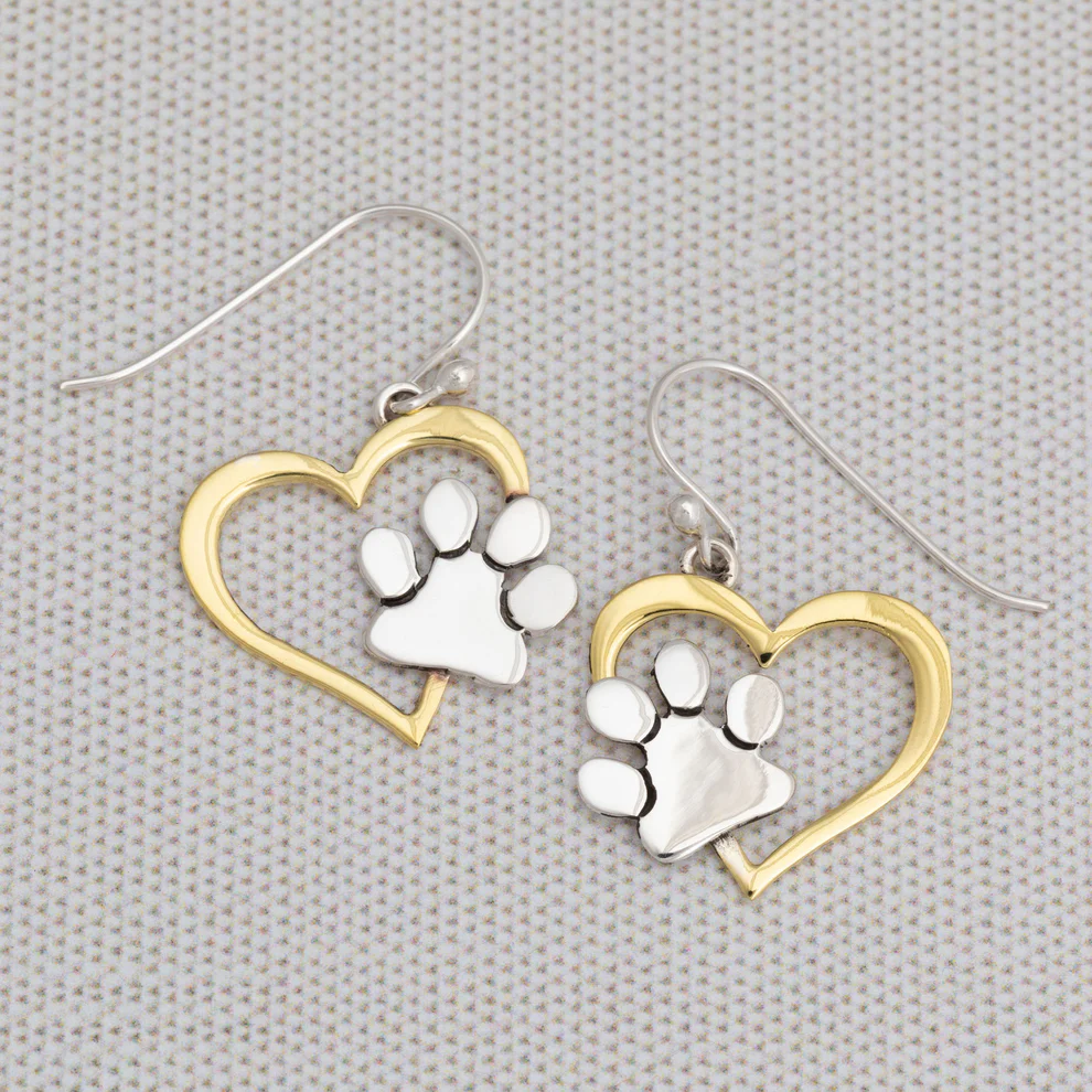 Golden Paw Heart Dangles Earrings