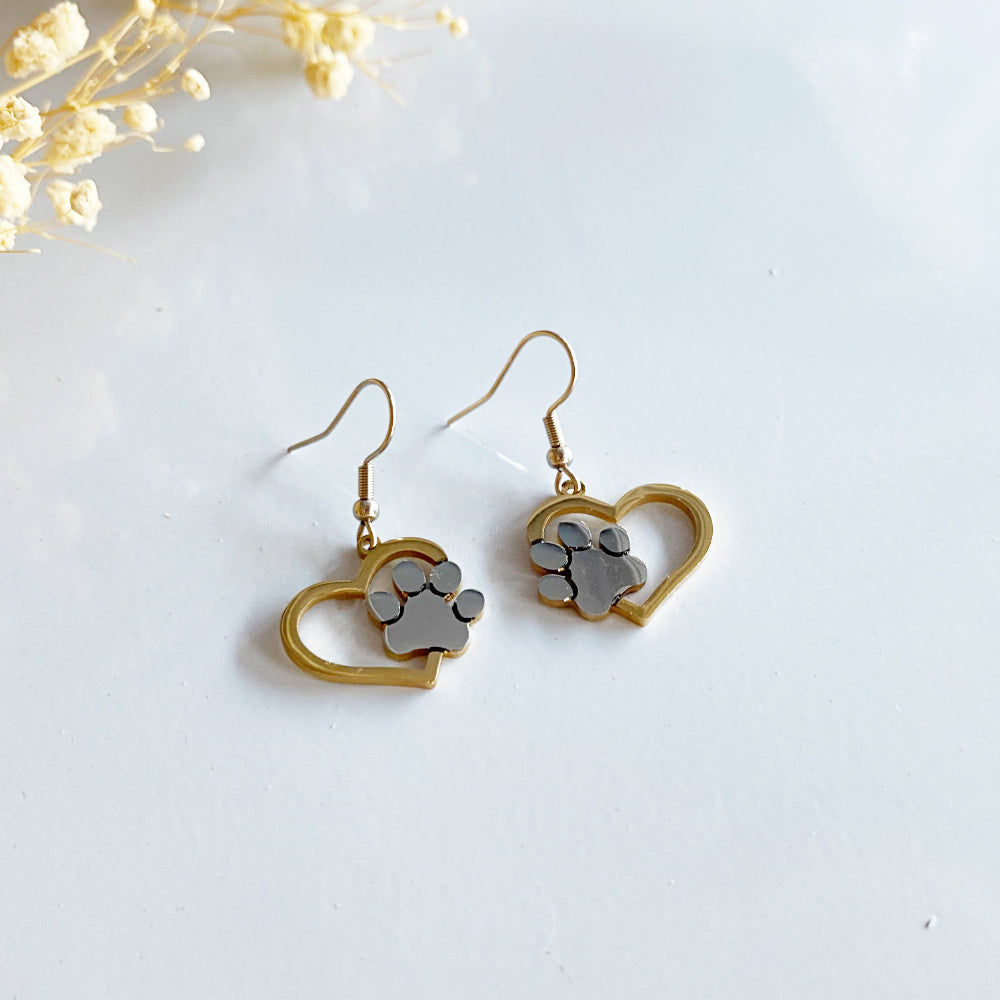 Golden Paw Heart Dangles Earrings