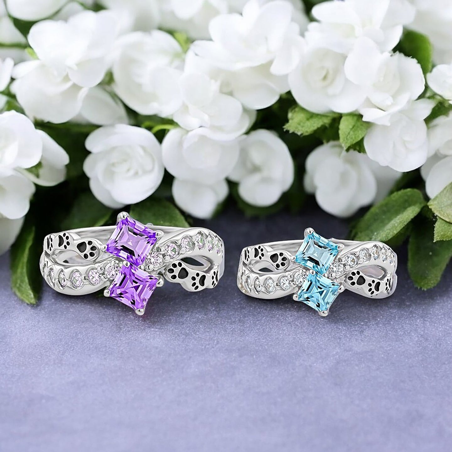 Paw Print Path Stone Rings